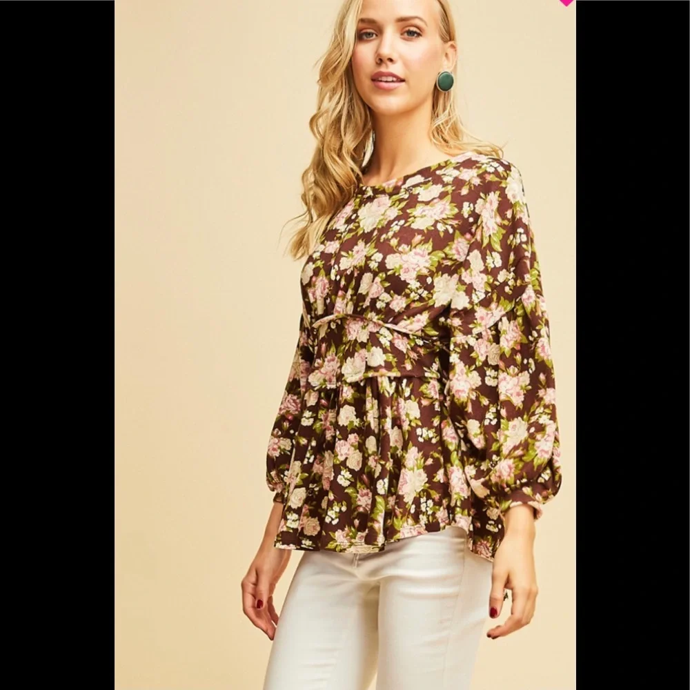 brown floral long sleeve top - Picture 3 of 7